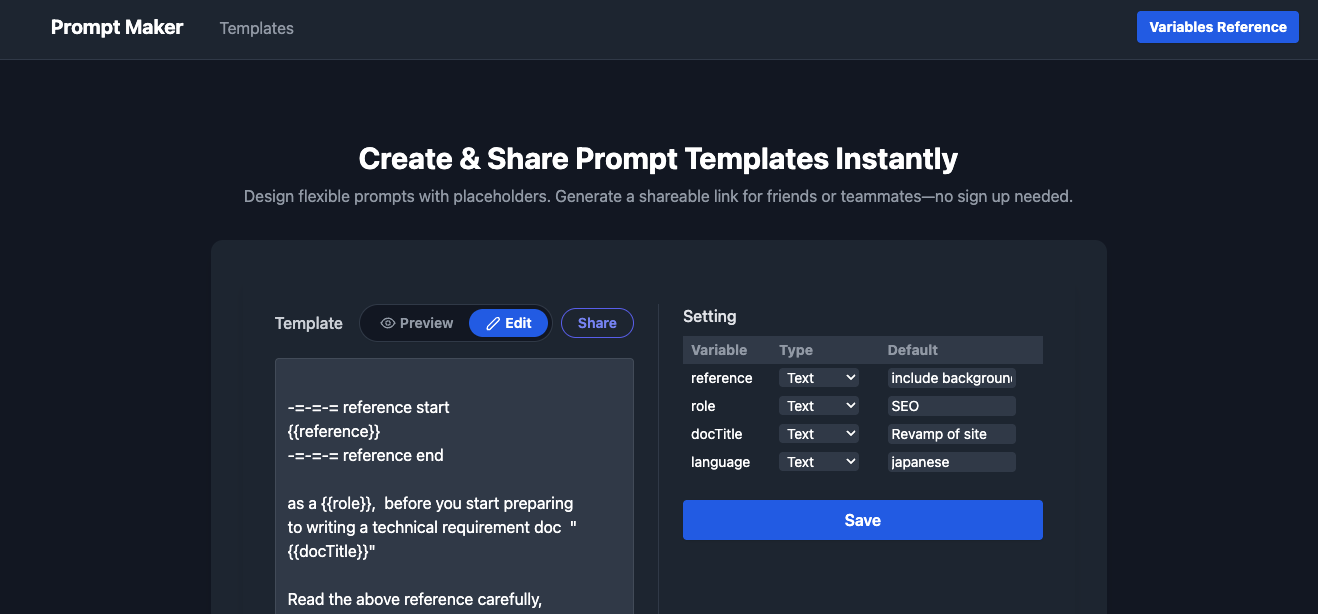 Screenshot of the Prompt Maker app with Editor Pane, Toolbar, and Status Indicator labeled