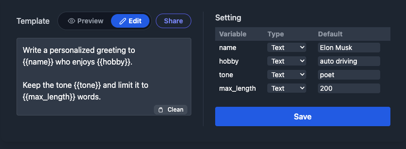 Screenshot of the Prompt Maker app with an example template, showcasing variables and default values