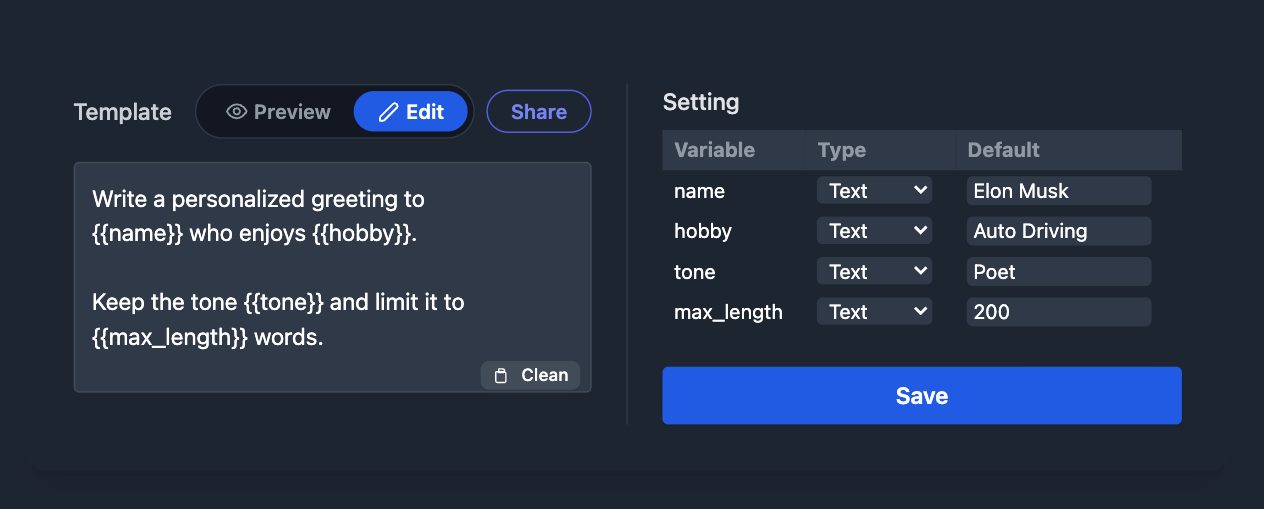 Screenshot of the Prompt Maker app in Preview Mode, with input fields for each variable and a rendered output