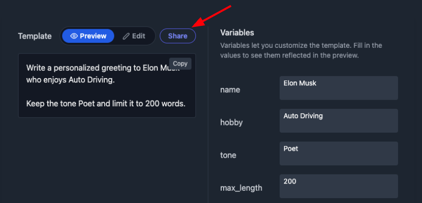 Screenshot of the Prompt Maker app's Share button, which generates a shareable link